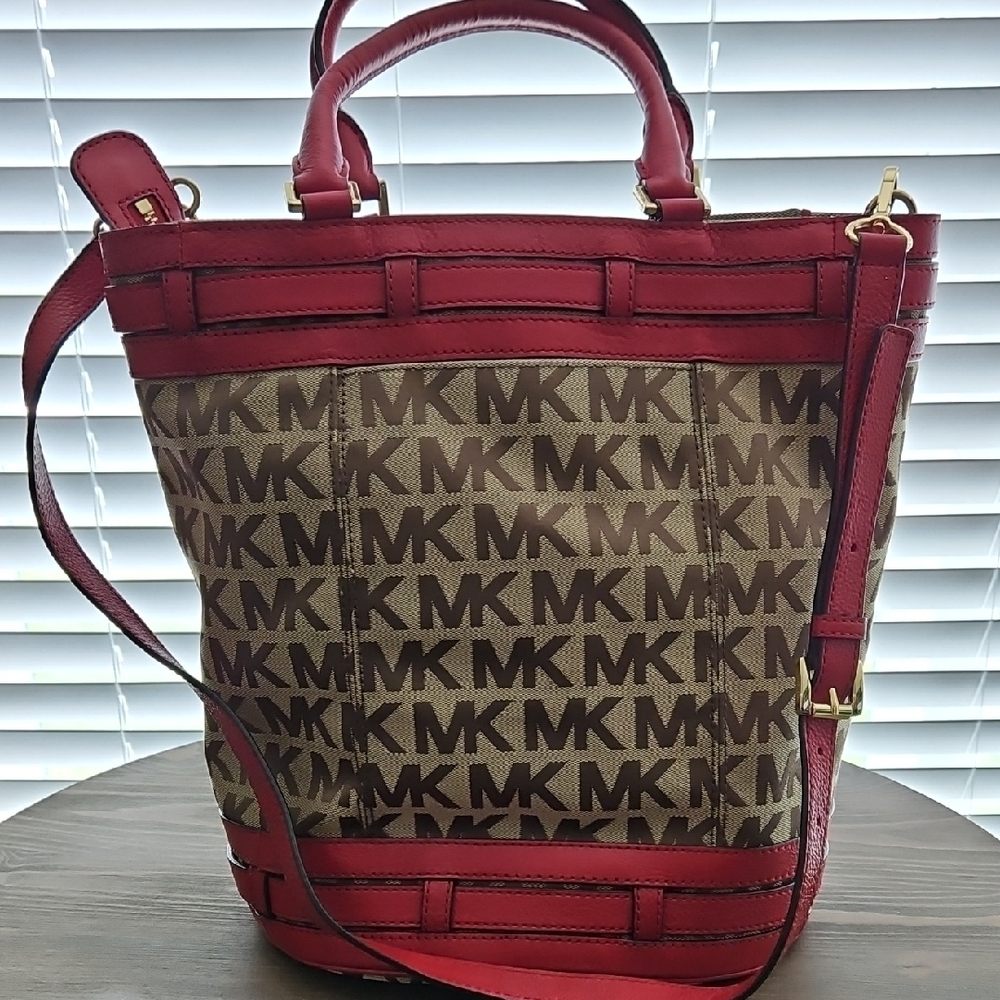 Michael Kors Kingsbury Jacquard Red and Brown Tote Bag Hobo Bag New